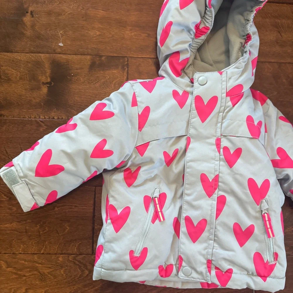 Cat & Jack Toddler Girls Light Blue Pink Heart Puffer Jacket Hooded Coat 18M